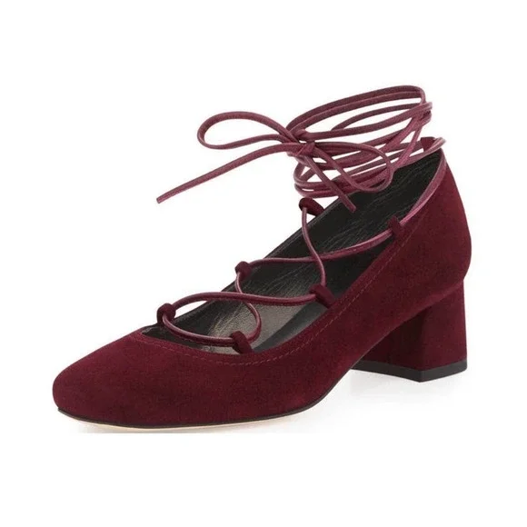Stuart Weitzman Wine Burgundy Cordon Ballerina Lace Up Suede Pumps Size 4